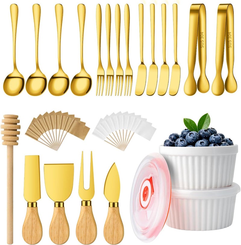 ELIMTEC Charcuterie Boards Accessories Bowls Gold, Cheese Butter Spreader Knife Set Mini Serving Tongs, Forks, Spoons,Dipping Bowls with Lids, Toothpick Flags, Honey Dippers For Party Platter Making - Image 1